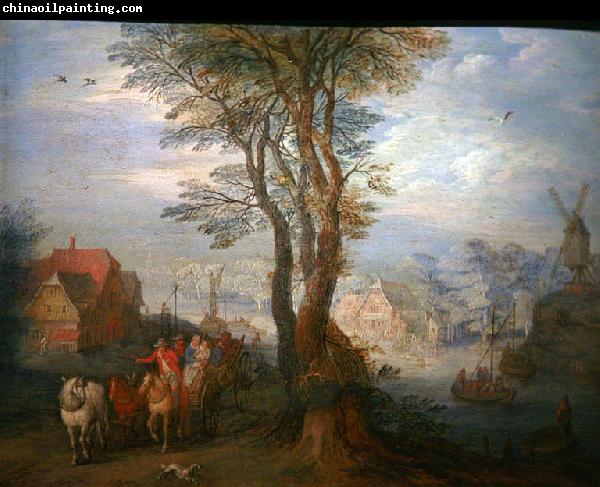 Jan Brueghel Peasants on a wagon near a river going through a village