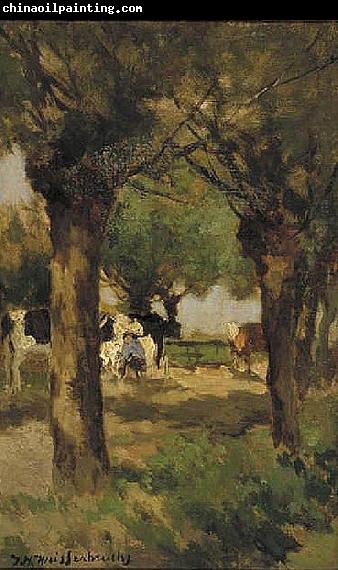 Jan Hendrik Weissenbruch Milking cows underneath the willows