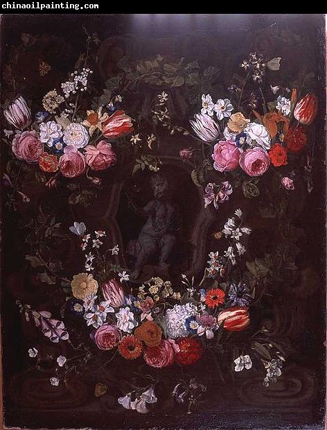 Jan Philip van Thielen Garland of flowers surrounding cherub in grisaille