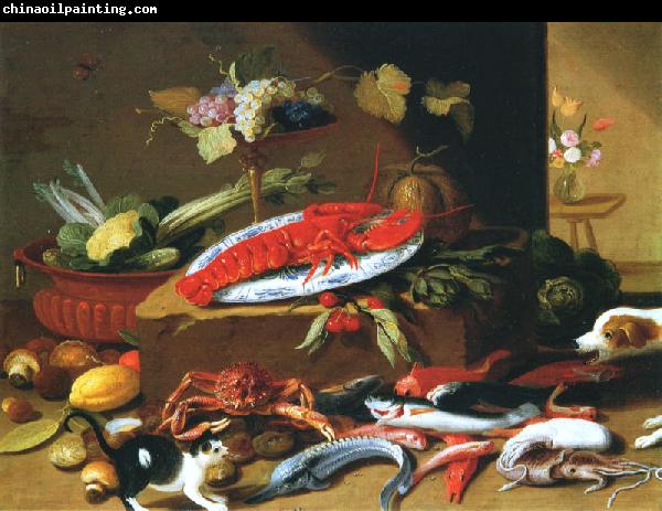 Jan Van Kessel Chien et chat devant un homard