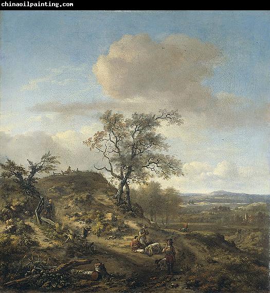 Jan Wijnants Landscape with a hunter and other figures.