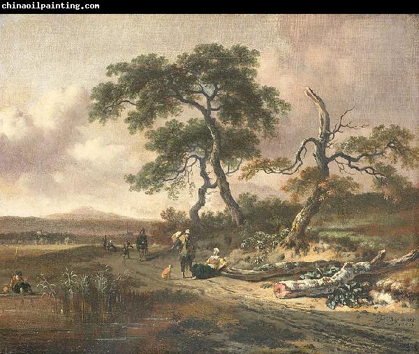 Jan Wijnants Landscape with pedlar and resting woman.