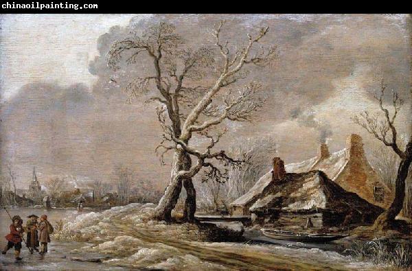 Jan van Goyen Winter Landscape with Farmhouses along a Ditch.