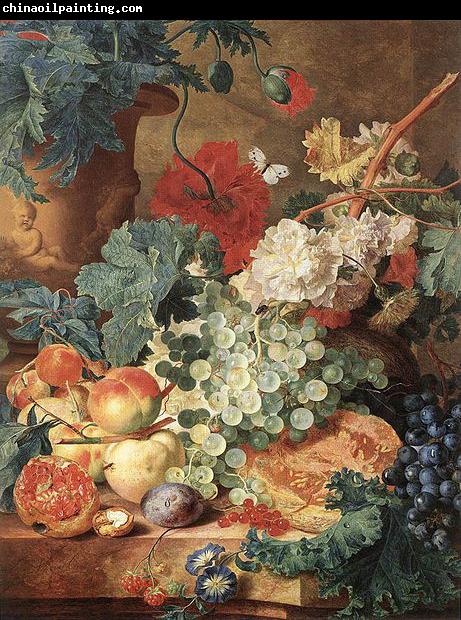 Jan van Huijsum Still life with flowers and fruit.