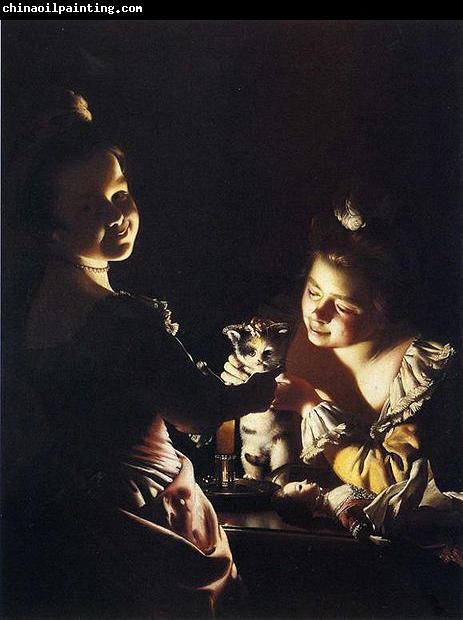 Joseph wright of derby Joseph Wright of Derby. Two Girls Dressing a Kitten