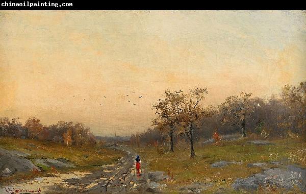 Mauritz Lindstrom Autumn Landscape with a Woman on a Road