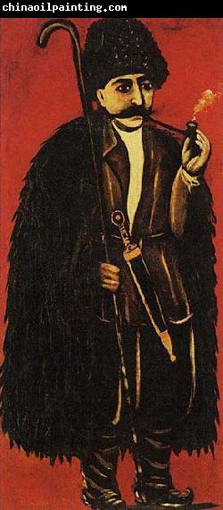 Niko Pirosmanashvili Shepherd in a Sheepskin Cloak on a Red Background