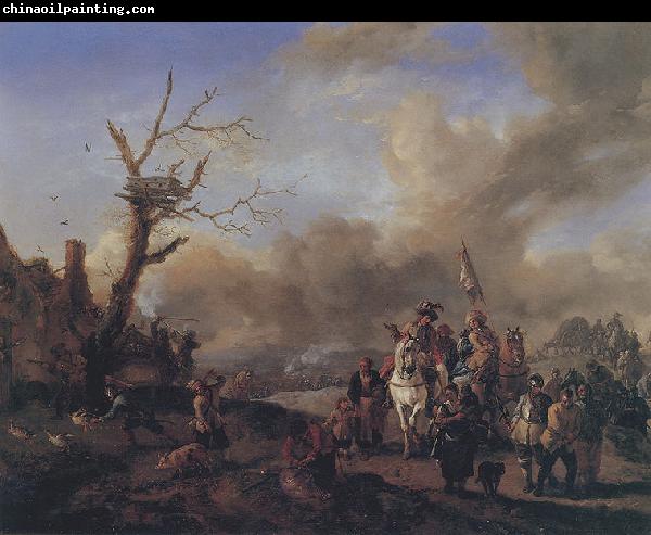 Philips Wouwerman Heranziehender Soldatentrob mit Marketenderinnen und Kindern, ein Bauerngehoft plundernd