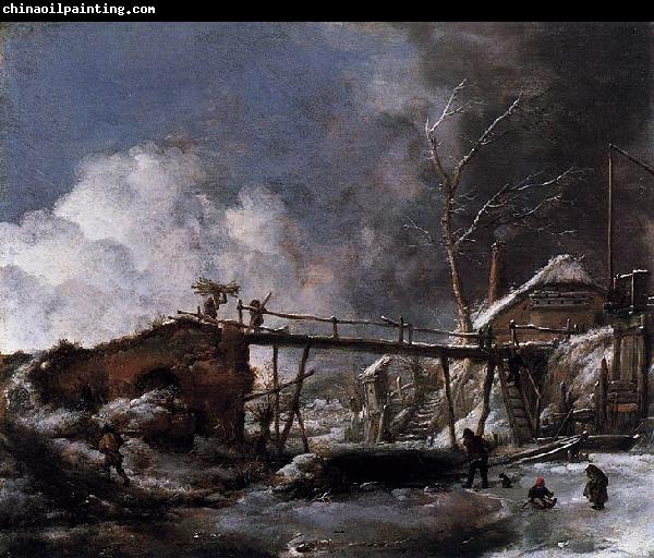 Philips Wouwerman Winter Landscape with Wooden Bridge