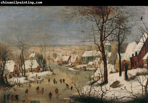 Pieter Brueghel the Younger Winter landscape with ice skaters and a bird trap.