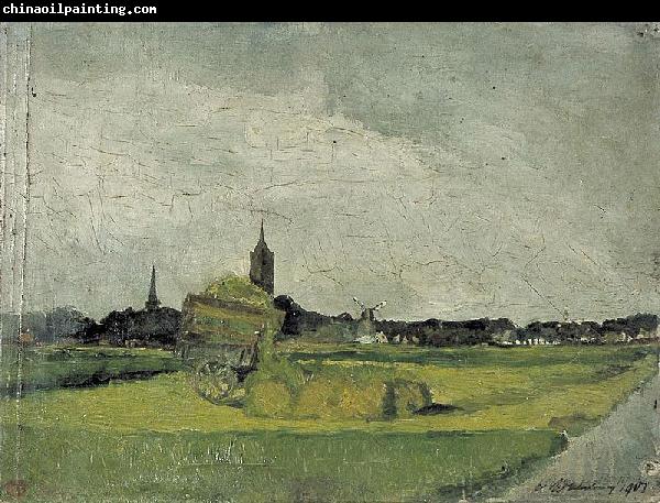 Theo van Doesburg Landschap met hooikar, kerktorens en molen.