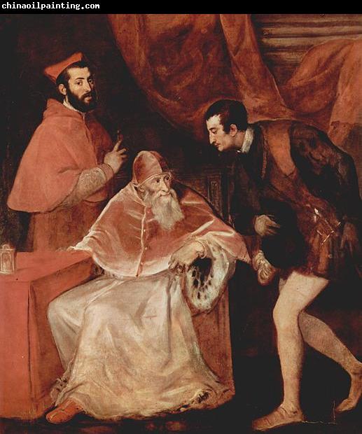 Titian Portrat des Papstes Paulus III mit Kardinal Alessandro Farnese und Herzog Ottavio Farnese.