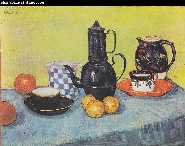 Vincent Van Gogh Still life with coffee pot, dishes and fruit