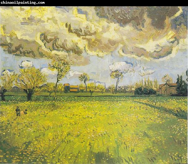 Vincent Van Gogh Meadow with flowers under a stormy sky