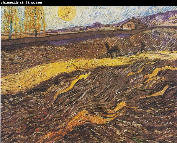 Vincent Van Gogh Field with plowing farmers