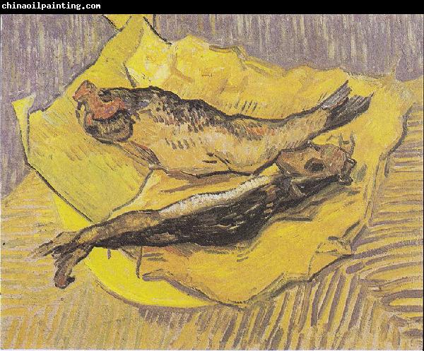 Vincent Van Gogh Still Life with smoked herrings on yellow paper