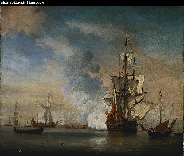 Willem Van de Velde The Younger English Warship Firing a Salute