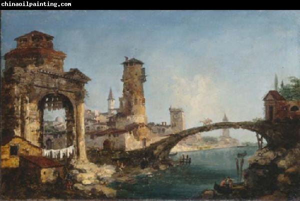 Workshop of Michele Marieschi Fantastic landscape with ruins.