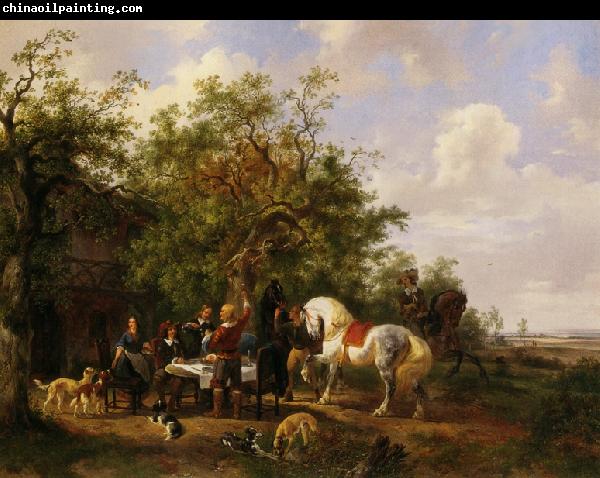 Wouterus Verschuur Compagny with horses and dogs at an inn