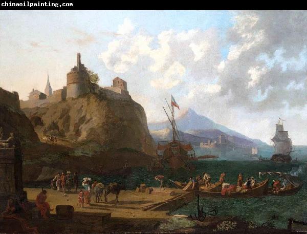 Adriaen Coorte A  mediterranean harbour scene with numerous figures on a que beneath a fort