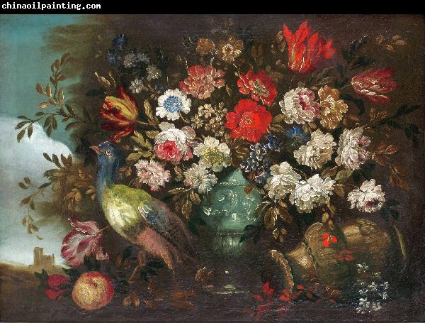 Andrea Boscoli Stilleben med blommor och pafagel