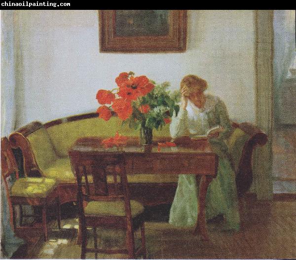 Anna Ancher Interior with poppies and reading woman