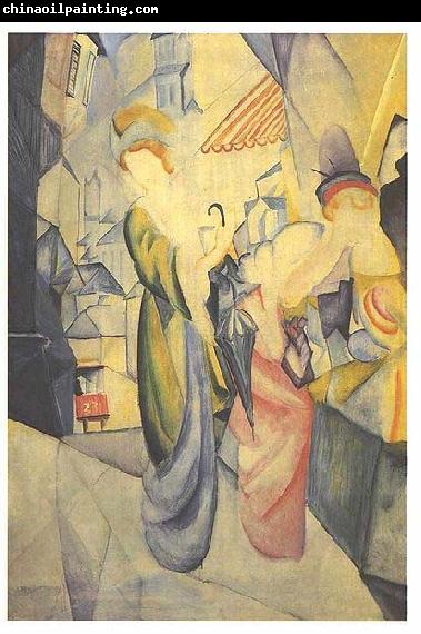 August Macke Bright woman in front of a hat store