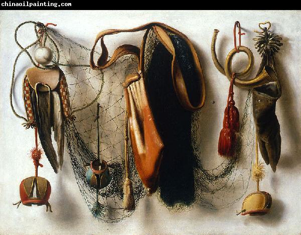 Christoffel Pierson A Trompe l'Oeil of Hawking Equipment, including a Glove, a Net and Falconry Hoods, hanging on a Wall.