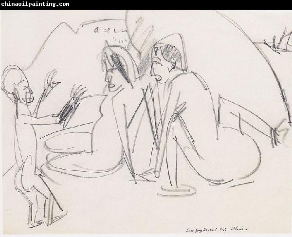 Ernst Ludwig Kirchner Zwei Frauen und Skulptur am Strand