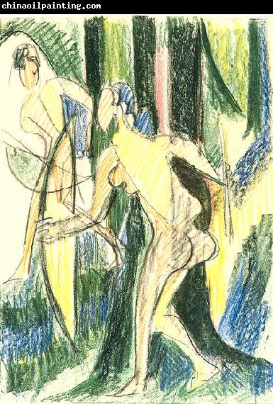 Ernst Ludwig Kirchner Arching girls in the wood - Crayons and pencil