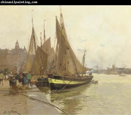 Eugene Galien-Laloue A bustling quayside