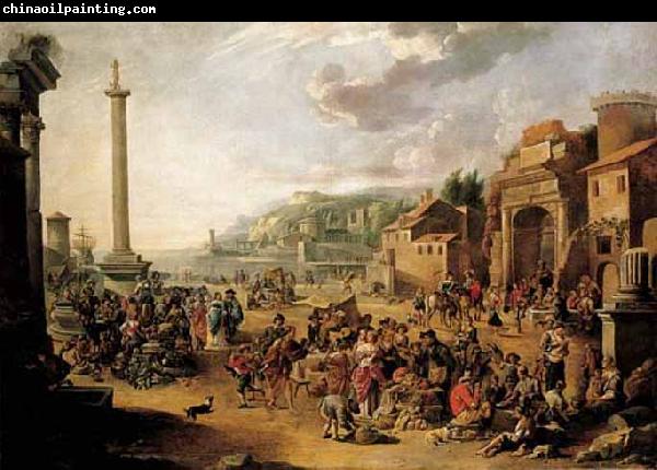 GRAFF, Anton A market in an Italianate harbour with Diogenes in search of an honest man