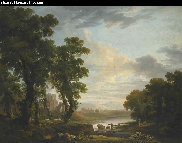 George Barret An extensive wooded river landscape with shepherds recicling in the foreground and ruins beyond