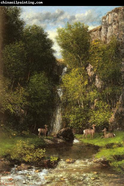 Gustave Courbet A Family of Deer in a Landscape with a Waterfall