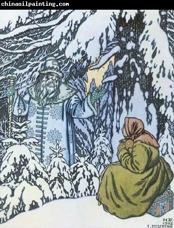 Ivan Bilibin Father Frost and the step-daughter, illustration by Ivan Bilibin from Russian fairy tale Morozko, 1932