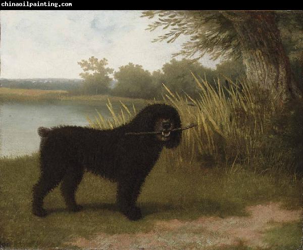 Jacques-Laurent Agasse A black water dog with a stick by a lake