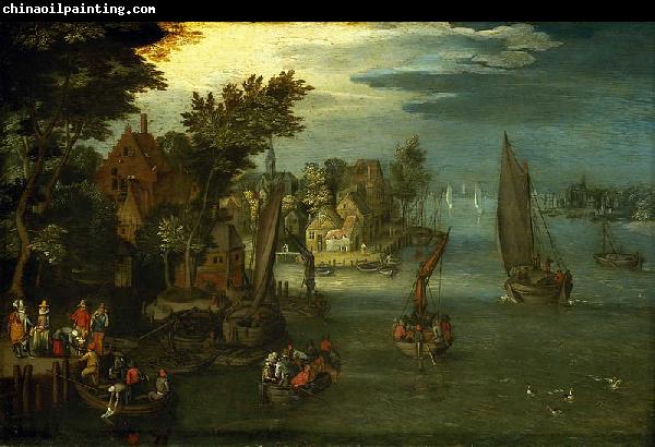 Jan Brueghel A Busy River Scene with Dutch Vessels and a Ferry