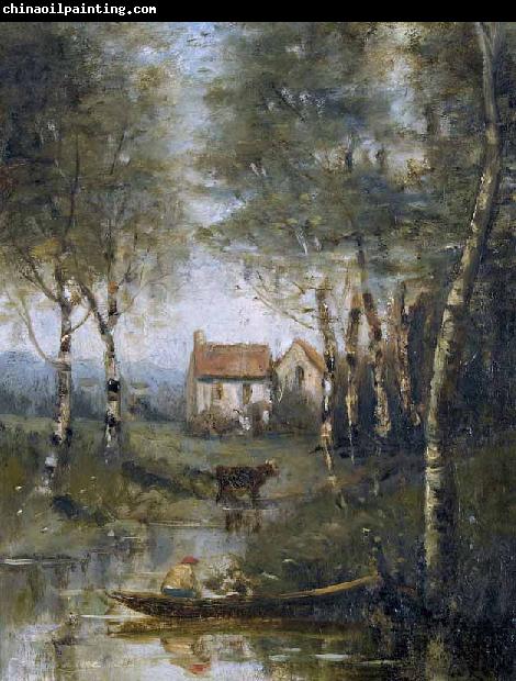 Jean-Baptiste-Camille Corot La riviere en bateau et la maison