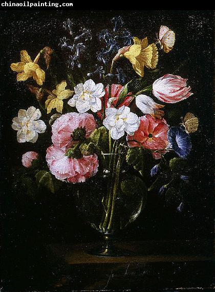 Juan de Arellano Clematis, a Tulip and other flowers in a Glass Vase on a wooden Ledge with a Butterfly