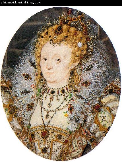 Nicholas Hilliard Portrait miniature of Elizabeth I of England with a crescent moon jewel in her hair