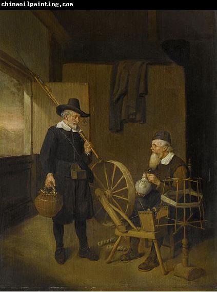 Quirijn van Brekelenkam Interior with angler and man behind a spinning wheel.