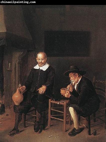 Quirijn van Brekelenkam Interior with a smoking and a drinking man by a fire.