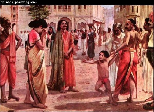 Raja Ravi Varma Harischandra in Distress, having lost his kingdom and all the wealth parting with his only son in an auction