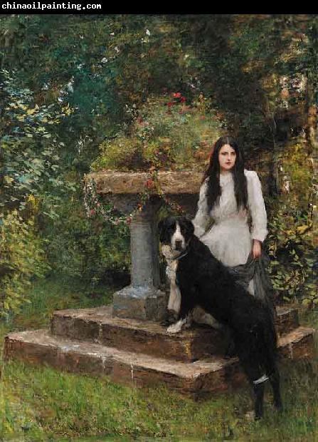 Sir Hubert von Herkomer,RA,RWS A young girl and her dog