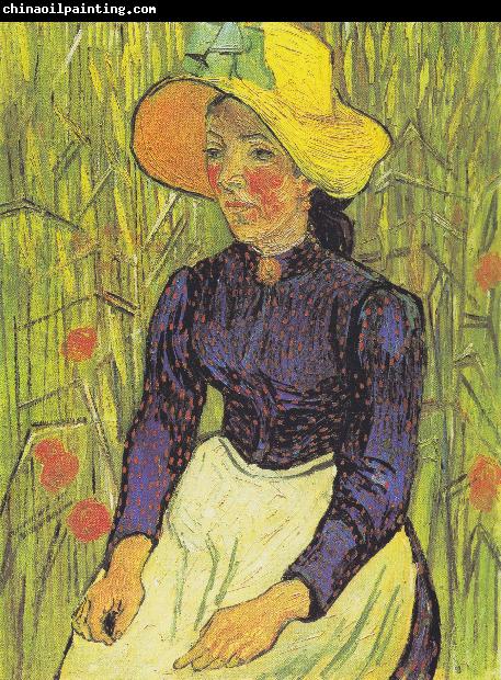 Vincent Van Gogh Young Peasant Woman with straw hat sitting in front of a wheat field