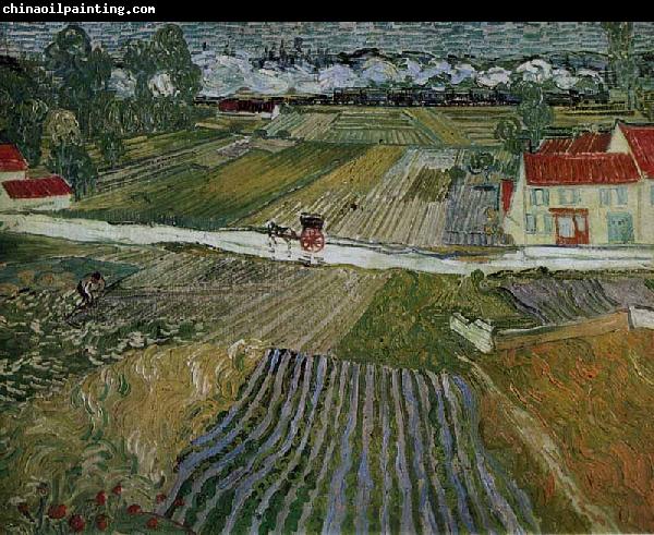 Vincent Van Gogh Landscape with a Carriage and a Train