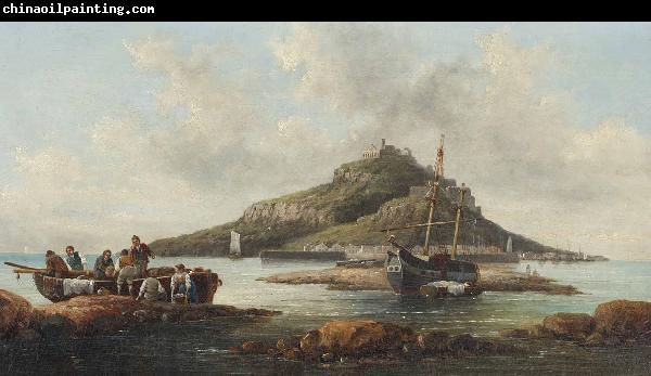 William Tomkins Coastal scene with islet and fishing folk