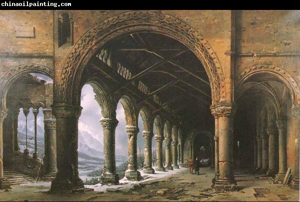 louis daguerre The Effect of Fog and Snow Seen through a Ruined Gothic Colonnade