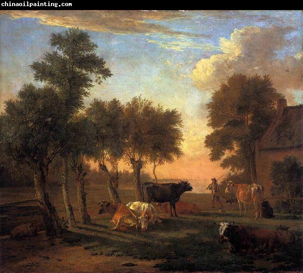 paulus potter Cows in a meadow near a farm