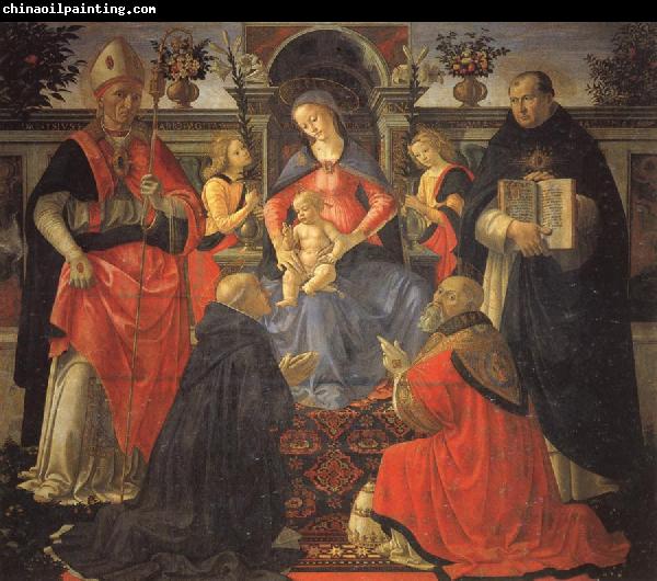 BARTOLOMEO DI GIOVANNI Madonna and Child En-throned with Two Angles,SS.Dionysius the Aereopagite and Dominic,Pope Clement,and St.Thomas Aquinas